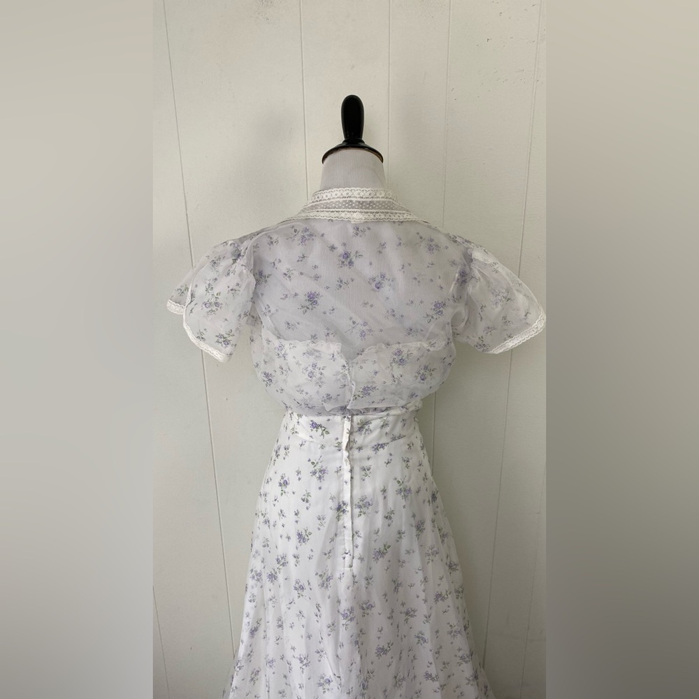 VTG 70s White Purple Chiffon Formal Dress Spaghetti Strap Bolero Lace Coverup XS - Picture 6 of 15